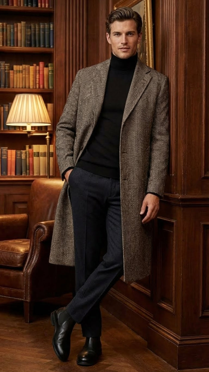 Men’s Black & Grey Herringbone Tweed Wool Blend Overcoat - Classic Single-Breasted Winter Blazer Carcoat by USA Men's Outlet