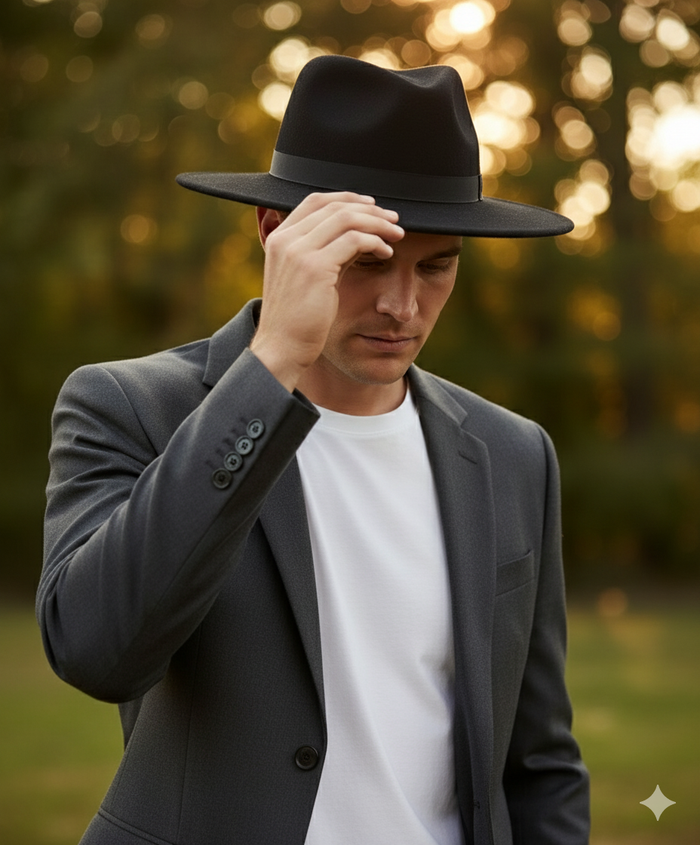 Men’s Black Wide Brim Fedora Hat - Classic Wool Felt Dress Hat with Matching Black Band by USA Men's Outlet