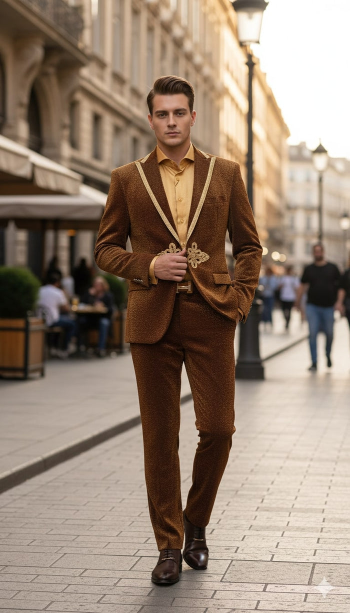 Mens Bronze Shiny Velvet Suit - Designer Party and Wedding Wear Blazer and Pant Set Brown and Gold Tuxedo by USA Men's Outlet