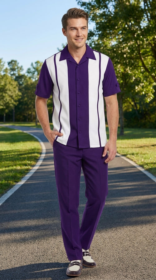 Men’s Purple and White Walking Suit – 2-Piece Short Sleeve Casual Leisure Outfit