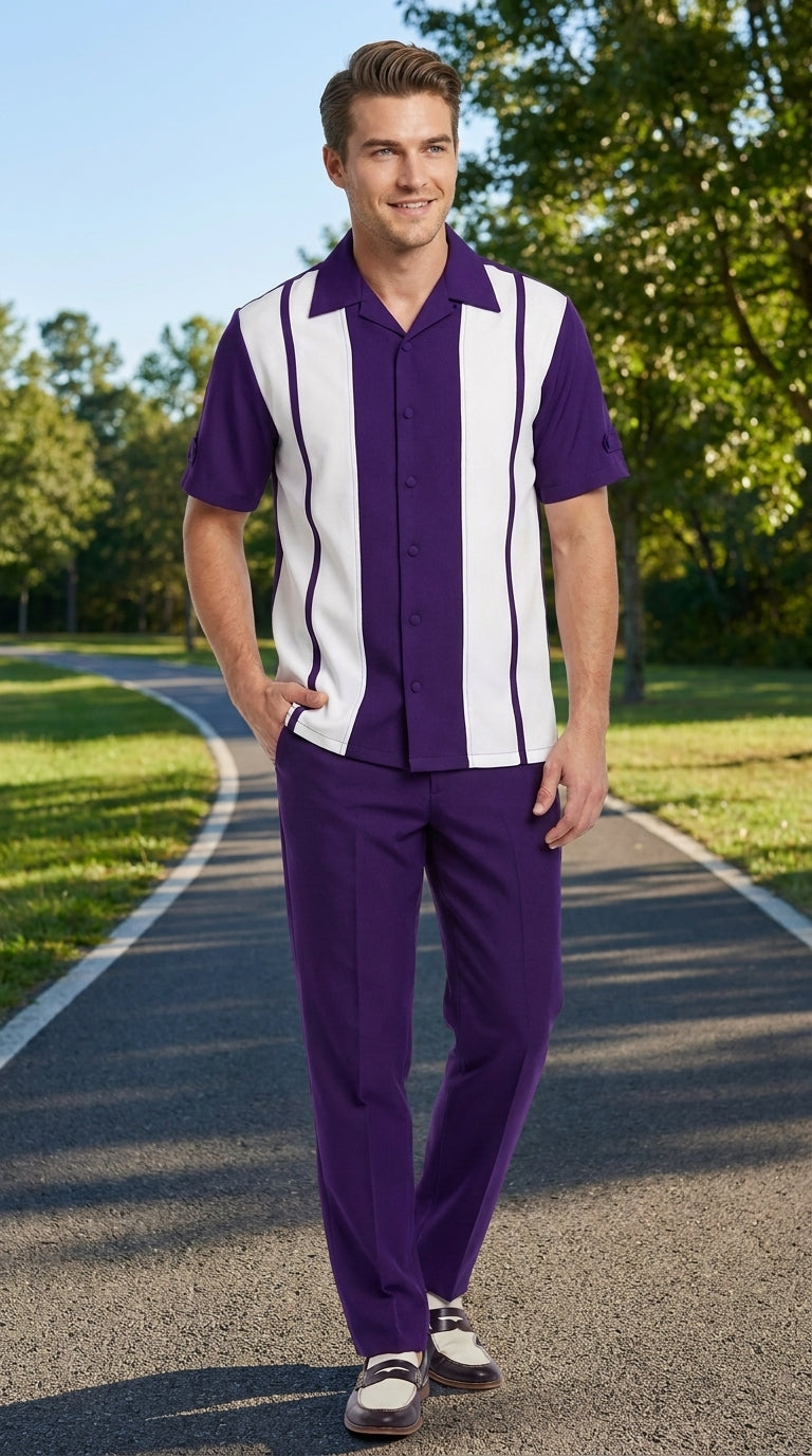 Men’s Purple and White Walking Suit – 2-Piece Short Sleeve Casual Leisure Outfit