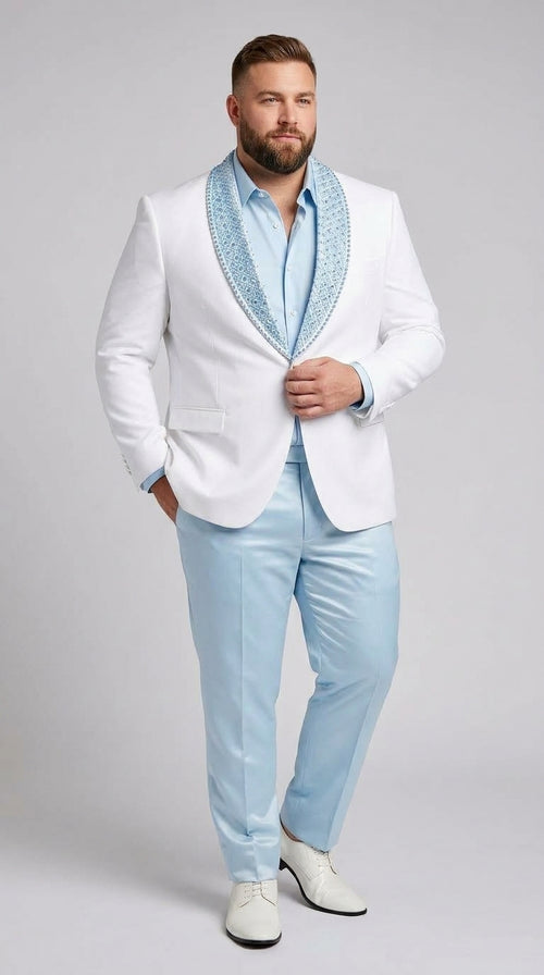 Men’s White & Sky Blue Tuxedo Suit with Embellished Shawl Lapel – Prom & Wedding in light baby poweder blue color