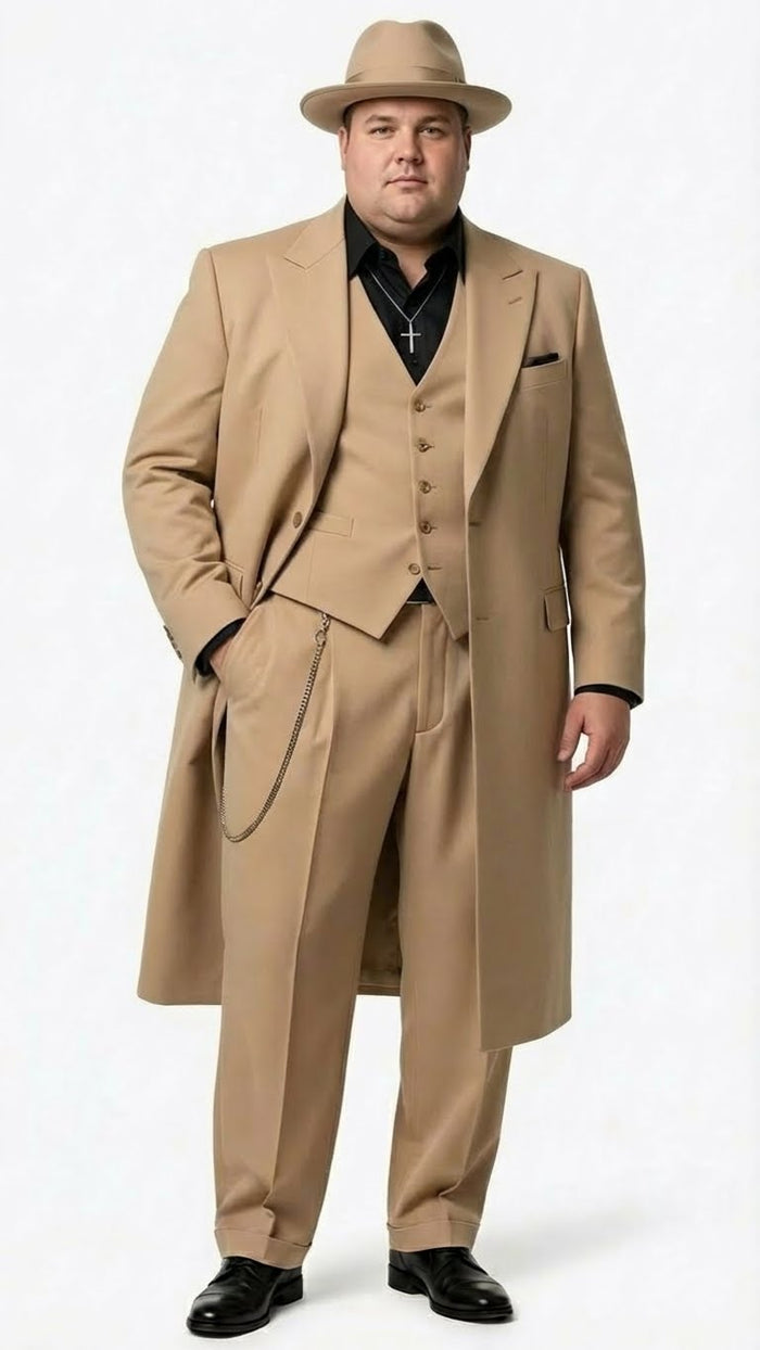 Men’s 1920s Beige Zoot Suit - Long Mafia Gangster Three-Piece Suit in Tan Khaki Color 40 inch Zuit Pachuco Suit by USA Men's Outlet