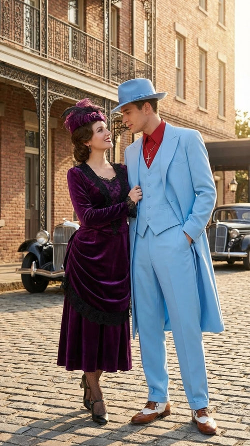 Men’s Light Blue 1920s Zoot Suit - Long Mafia Gangster Three-Piece Vintage Costume Set in Baby Powder Blue Color - Prom Wedding Suit by USA Men's Outlet