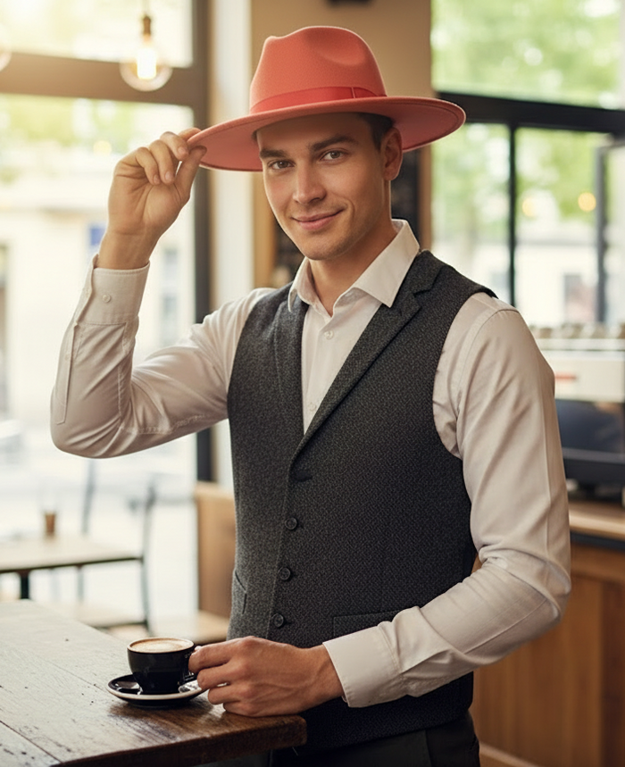 Men’s Coral Pink Wide Brim Fedora Hat - Wool Felt Dress Hat with Red Ribbon Band by USA Men's Outlet