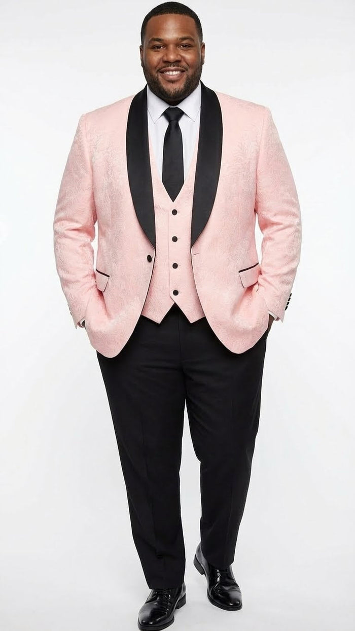 Men’s Blush Pink Tuxedo Suit Set with Black Shawl Lapel - 3 Piece Formal Wedding and Party Prom Vest + Black Pants by USA Men's Outlet