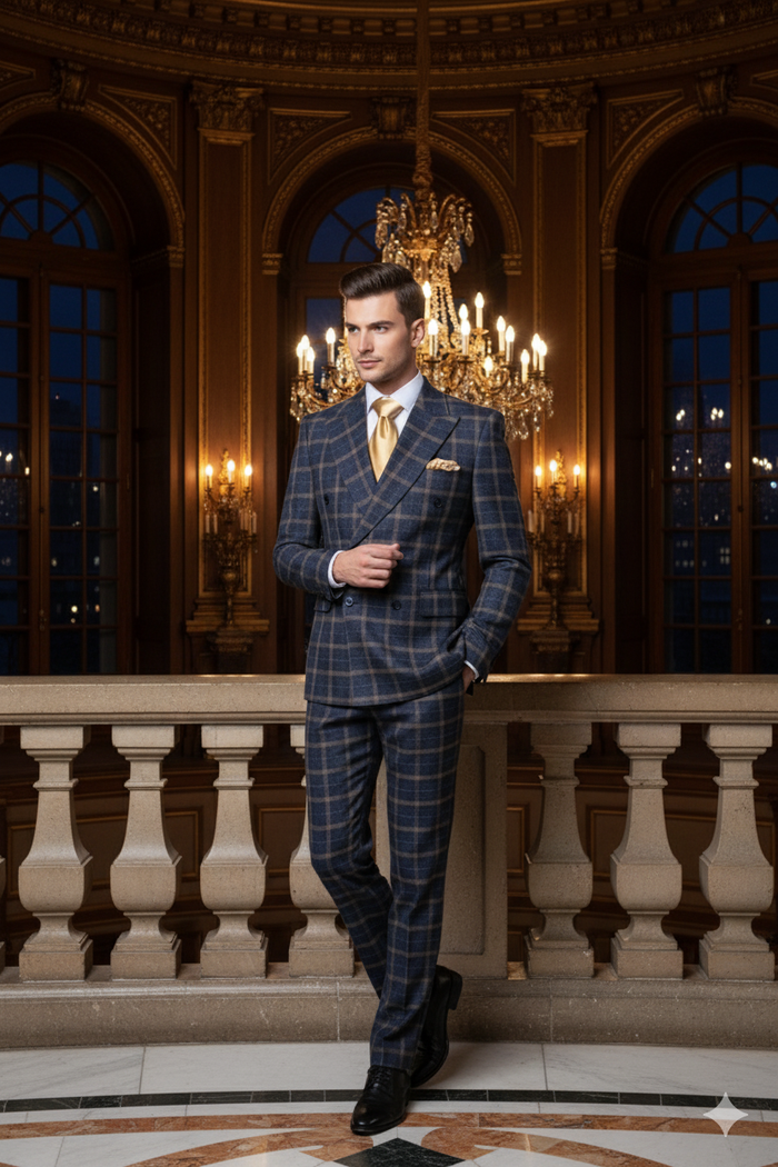 Men’s Navy and Tan Windowpane Double-Breasted Suit - Classic 2-Piece Plaid Dress Suit, Business, and Formal Events By Rossiman USA Men's Outlet