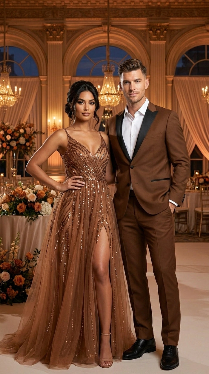 Men’s Light Brown Vested Piece Suit – Elegant Formal Suit with Contrast Lapel for Wedding, Party