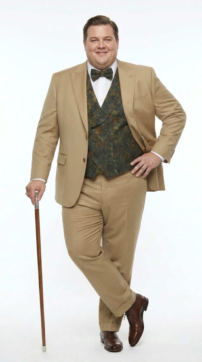 Men’s Khaki 3 Piece Suit with Patterned Vest, Great Gatsby Inspired Formal Suit for Weddings, Mardi Gra in Tan Camel Color