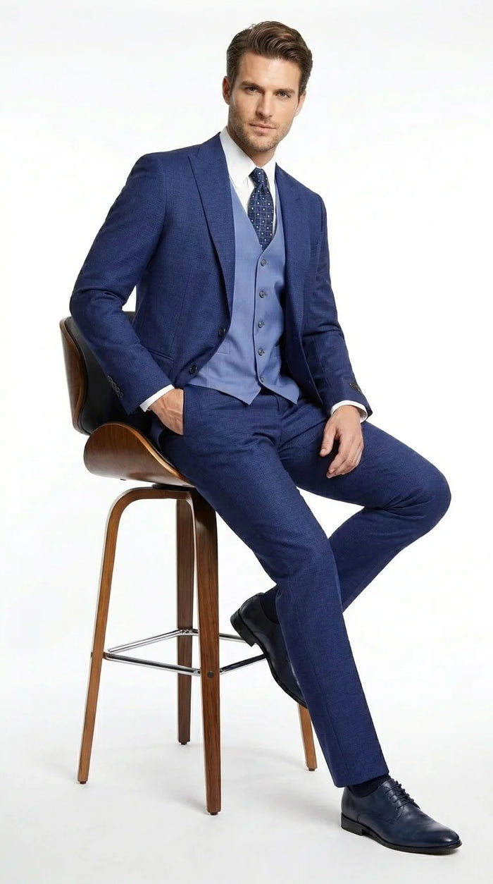 Vitali Men’s Navy Blue 3 Piece Suit with Light Blue Vest, Textured Formal Dress Suit for Weddings, Prom, Business Events, and Parties