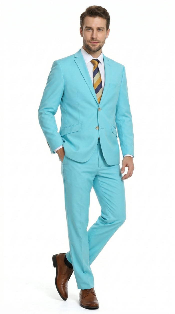 Men’s Aqua Blue 2 Piece 2 Button Suit, Formal Dress Suit for Weddings, Prom, Parties, Summer Events, Turquoise Light blue