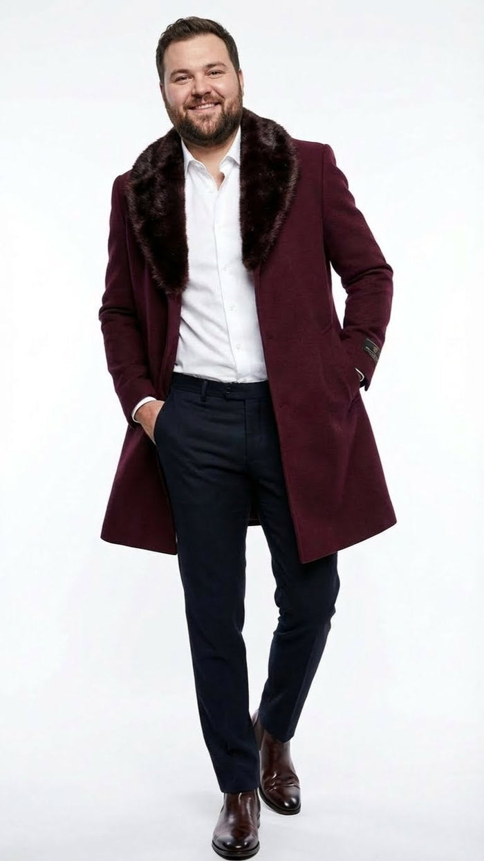 Men’s Burgundy Three Quarter Coat with Faux Fur Collar Overcoat - Luxury Winter Outerwear Three Quarter Carcoat Topcoat by USA Men's Outlet