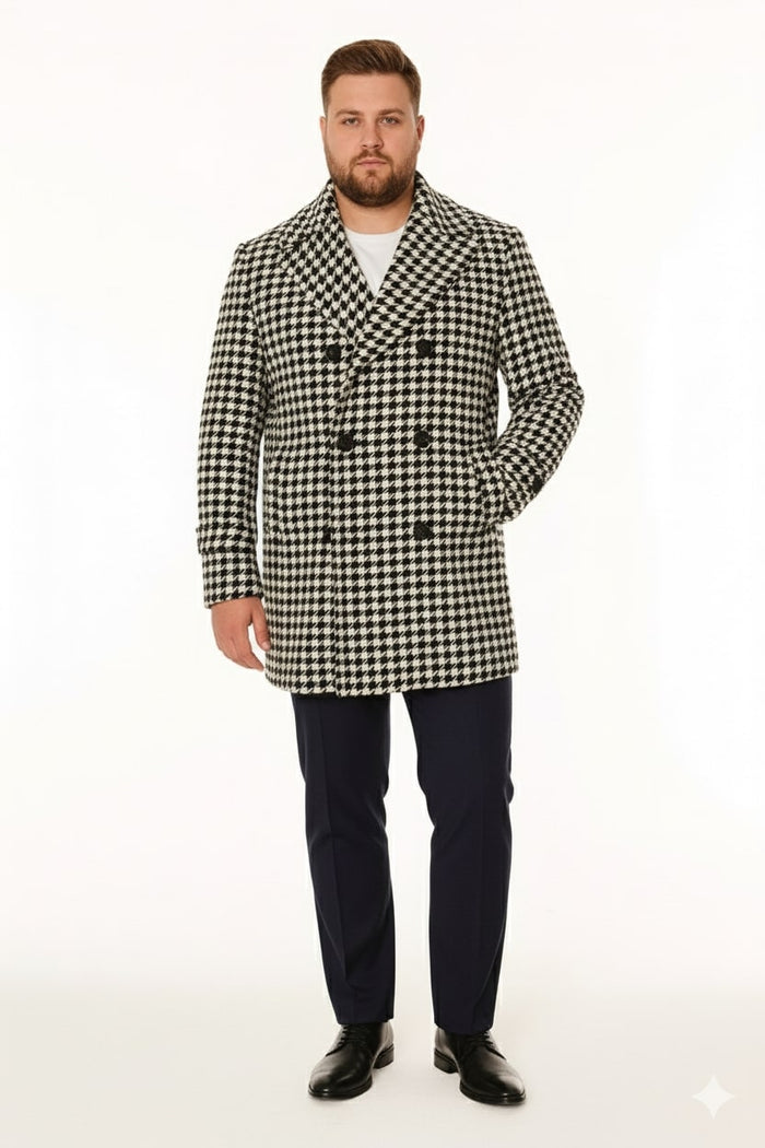 Mens Houndstooth Double-Breasted Overcoats - Classic Black and White Wool Blend Peacoat Wool Fabric by USA Men's Outlet