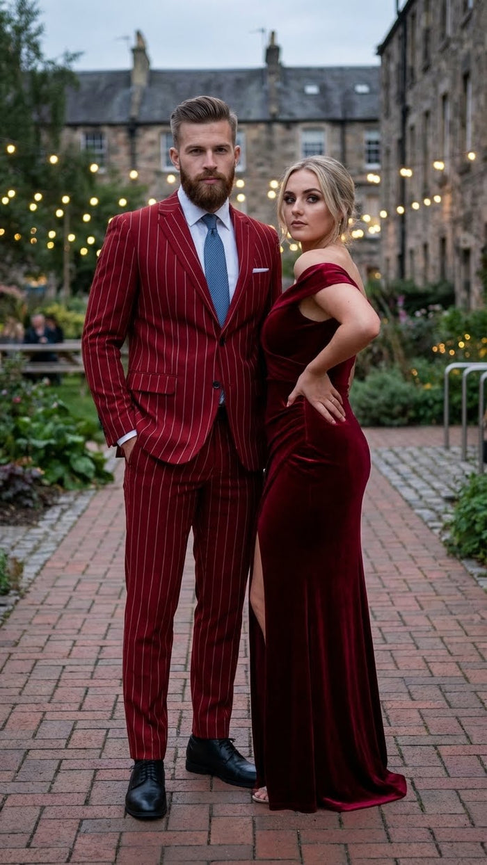 Men’s Red Pinstripe Suit - Stripe Two-Button Vested Suit 2 Buttons by USA Men's Outlet