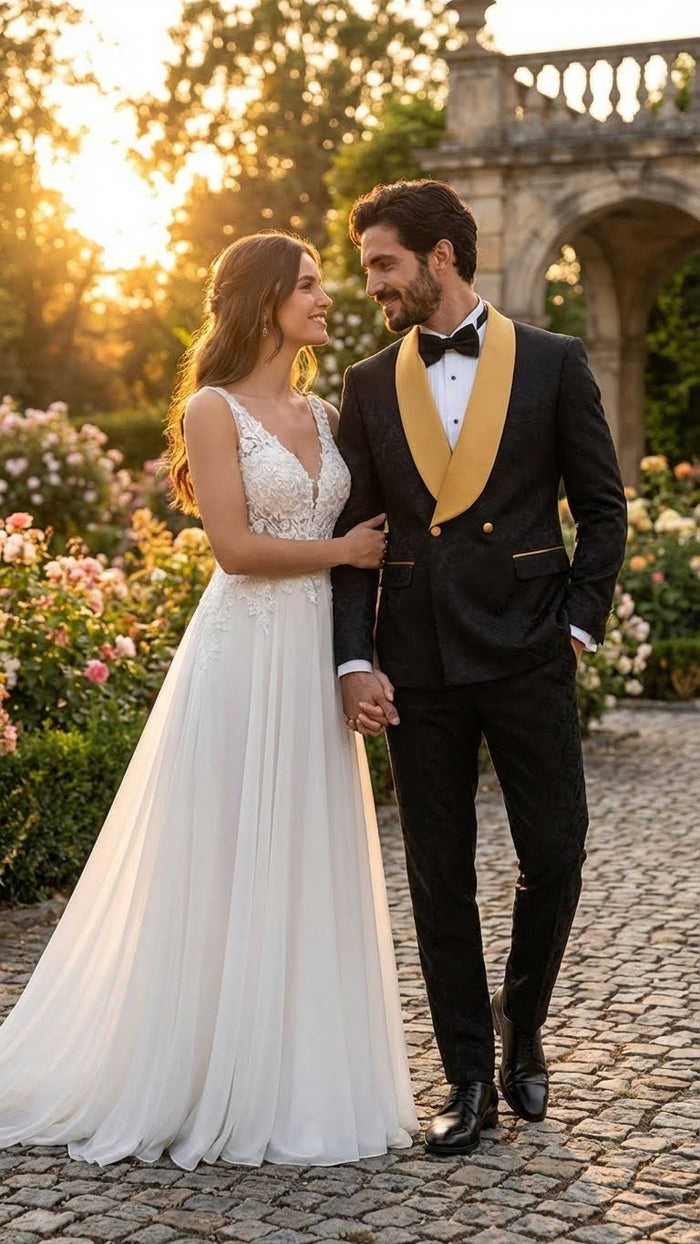 Men’s Black and Gold Jacquard Tuxedo Suit - Luxury Slim Fit Formal Wedding, Prom, and Gala Outfit by USA Men's Outlet