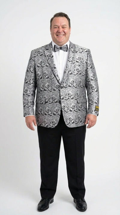 Men’s Silver and Black Paisley Prom Blazer Jacket | Printed Formal Evening Tuxedo Blazer + Free Matching Bow Tie