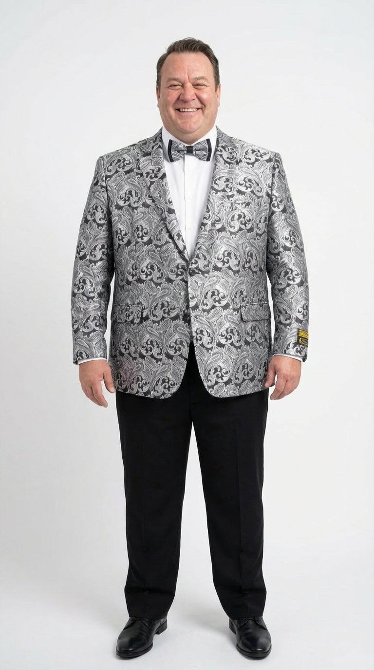 Men’s Silver and Black Paisley Prom Blazer Jacket | Printed Formal Evening Tuxedo Blazer + Free Matching Bow Tie