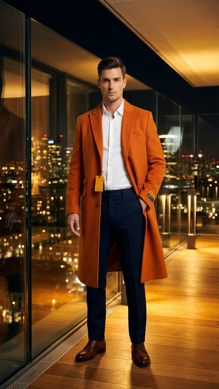 Men’s Orange - Rust Wool Blend Long Overcoat - Topcoat Carcoat Topcoat by USA Men's Outlet