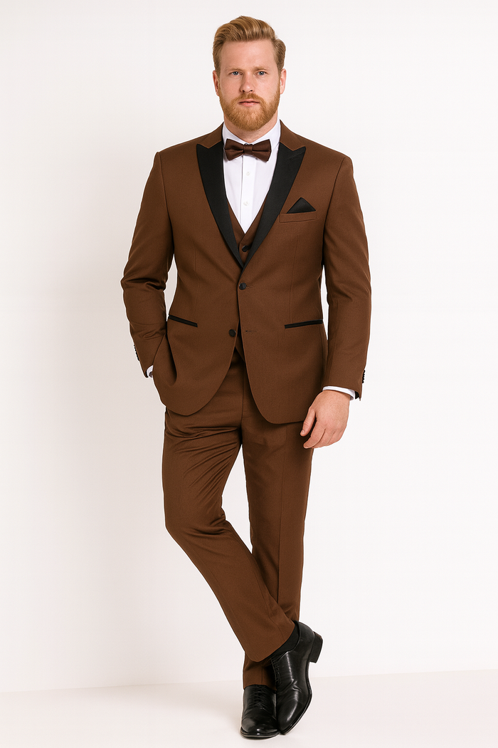 Men’s Light Brown Tuxedo Suit with Black Satin Lapel - 3 Piece Formal Wedding & Prom Outfit - Country Look by USA Men's Outlet