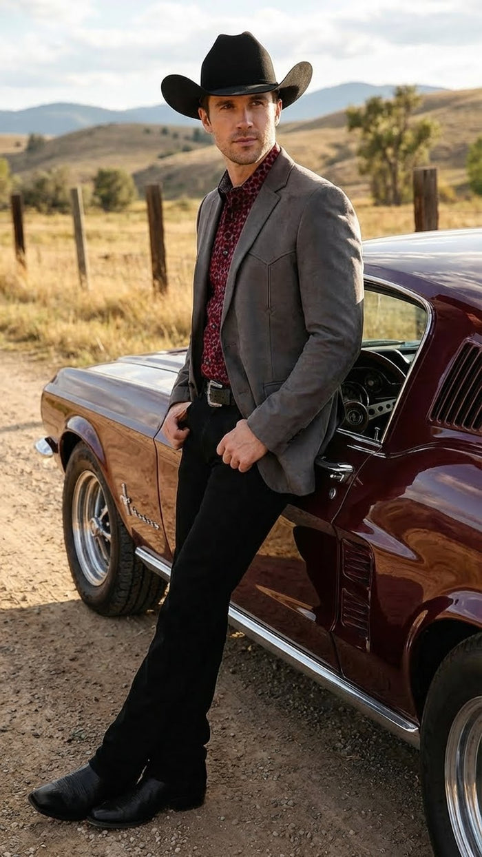 Men’s Charcoal Gray Western Faux Suede Blazer - Double Button Cowboy Jacket for Wedding & Party Wear by USA Men's Outlet