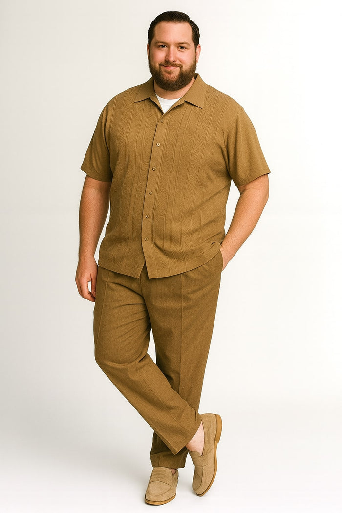 Mens Mocha Brown Short Sleeve Knit Walking Suit - Two-Piece Casual Button Down Set in Taupe Coffee Color USA Men's Outlet