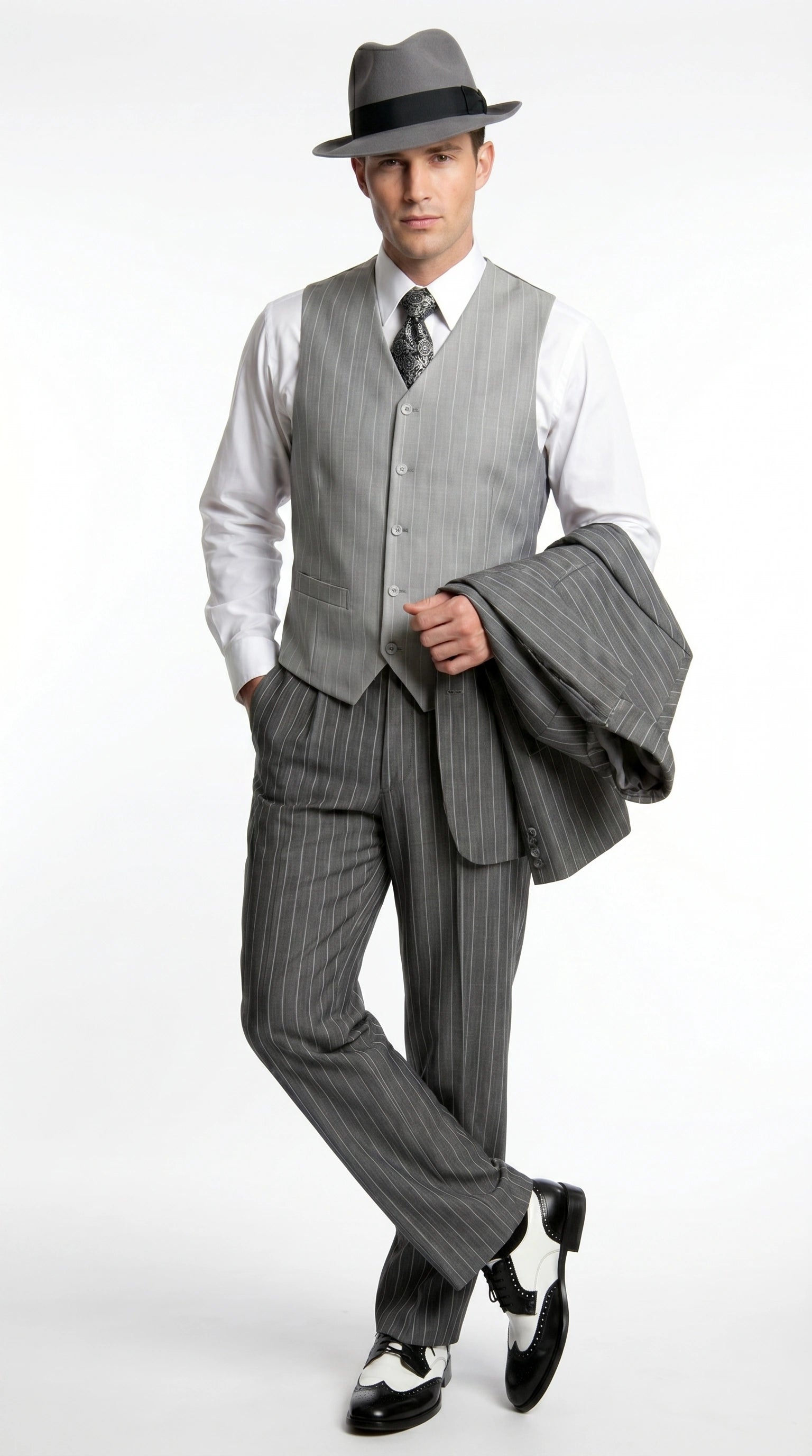 Men’s Grey Pinstripe 1920s Gangster 3 Piece Suit, Contrast Lapel Vintage Formal Suit for Parties, Prom, Weddings, and Theme Events