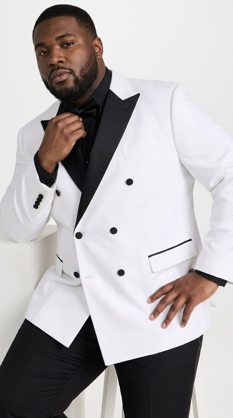 Men's White Double Breasted Tuxedo Dinner Jacket with Black Satin Peak Lapel – Formal Wedding Prom Blazer