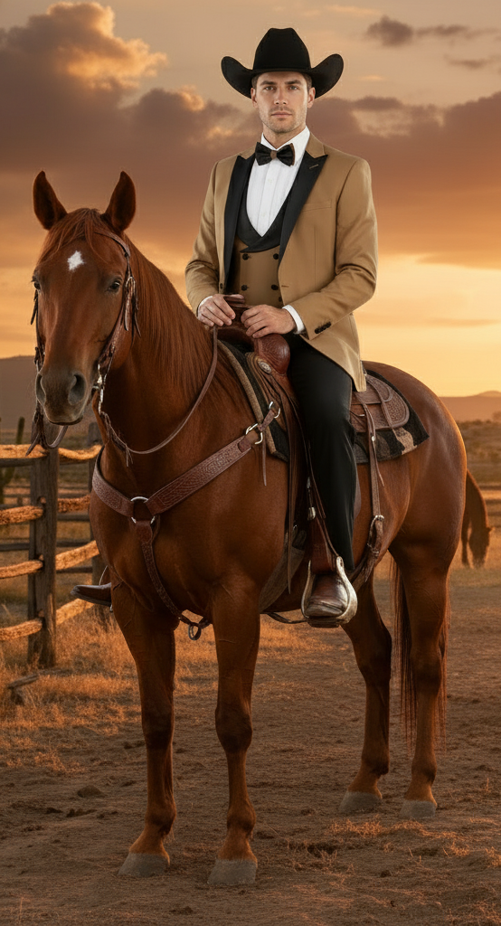 Men’s Western Cowboy Tuxedo - Tan and Black 3-Piece Suit with Satin Lapel and Vest in Mocca Coffee Color USA Men's Outlet