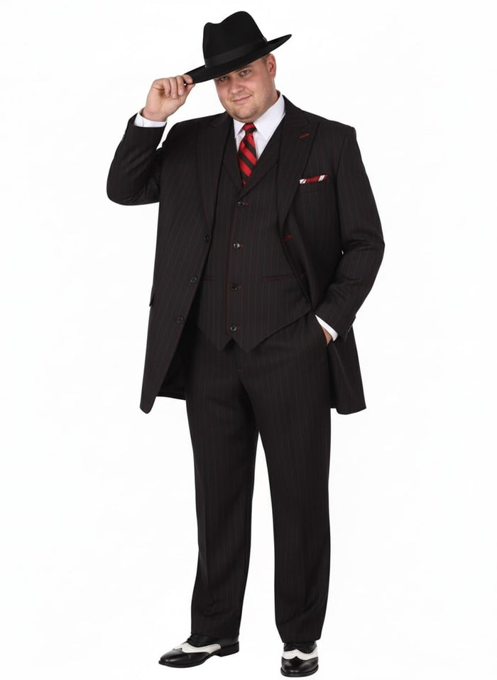 Mens Black and Red Pinstripe Zoot Suit - 1920s Gangster Vintage 3-Piece Suit for Formal, Prom, and Themed Events by USA Men's Outlet