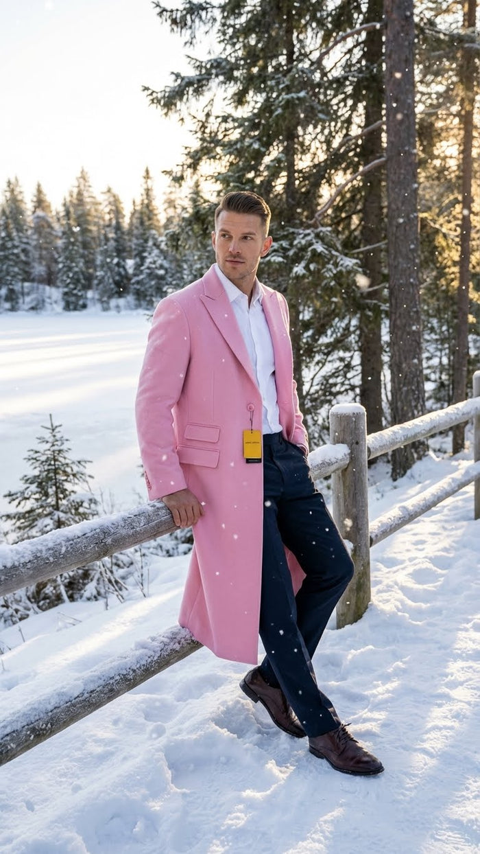 Men’s Pink Wool Blend Long Overcoat - Slim Fit Tailored Winter Coat - Carcoat - Topcoat by USA Men's Outlet