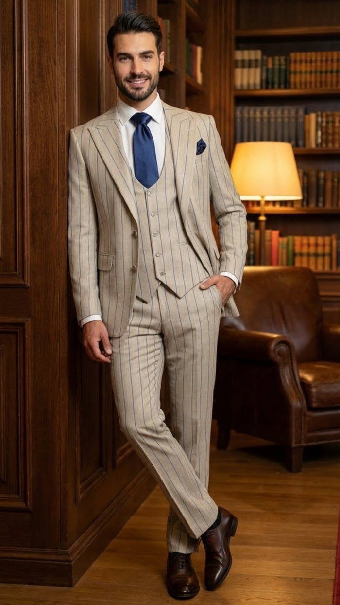 Men's Beige with blue Pinstripe Three-Piece Suit with Vest by Rossiman Vested Peak Lapel in Tan Stripe 1920s style by USA Men's Outlet