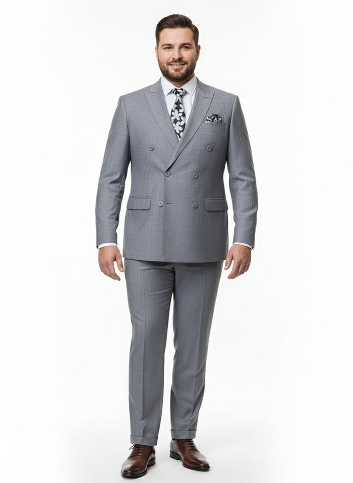 Mens Grey Tone on Tone Double-Breasted Suit - Classic Slim Fit 2 Piece Formal Business Gray Shadow Stripe by USA Men's Outlet