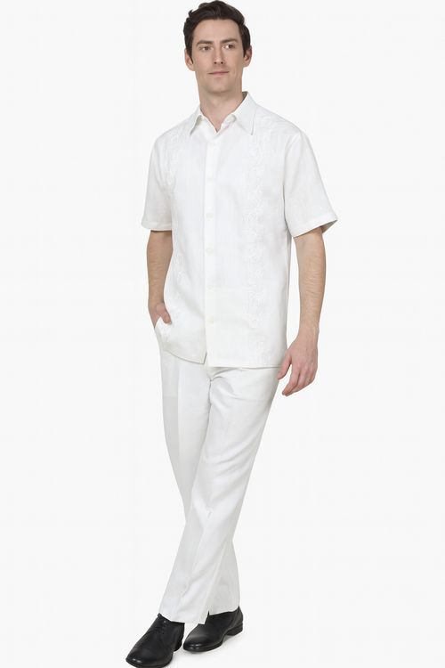 Men’s Linen White Embroidered Guayabera Two-Piece Set – Short Sleeve Shirt and Pants - Summer Walking Suit
