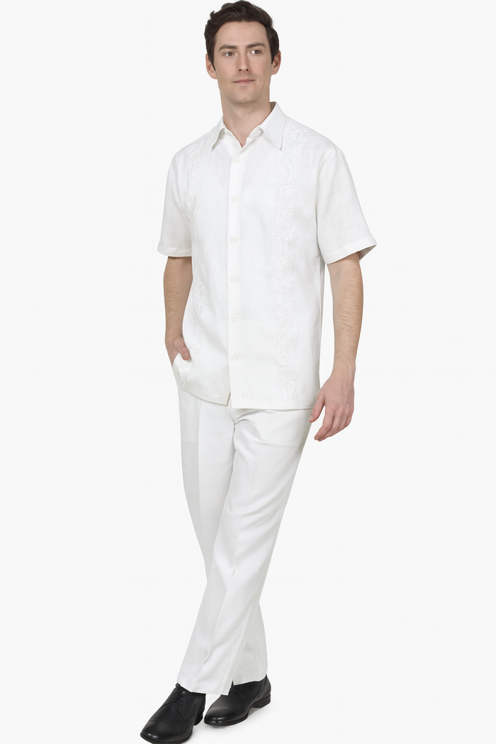 Men’s Linen White Embroidered Guayabera Two-Piece Set - Short Sleeve Shirt and Pants - Summer Walking Suit by USA Men's Outlet