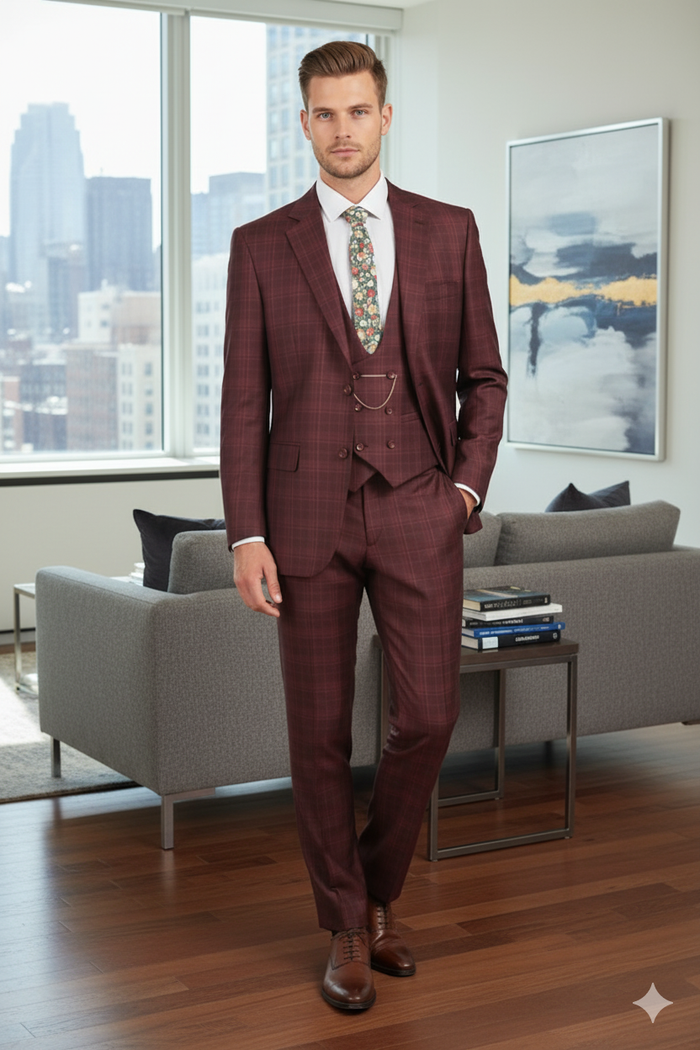 Men’s Burgundy Checkered 3-Piece Suit - Windowpane Classic Fit Plaid Blazer with Vest and Pants by Usamensoutlet