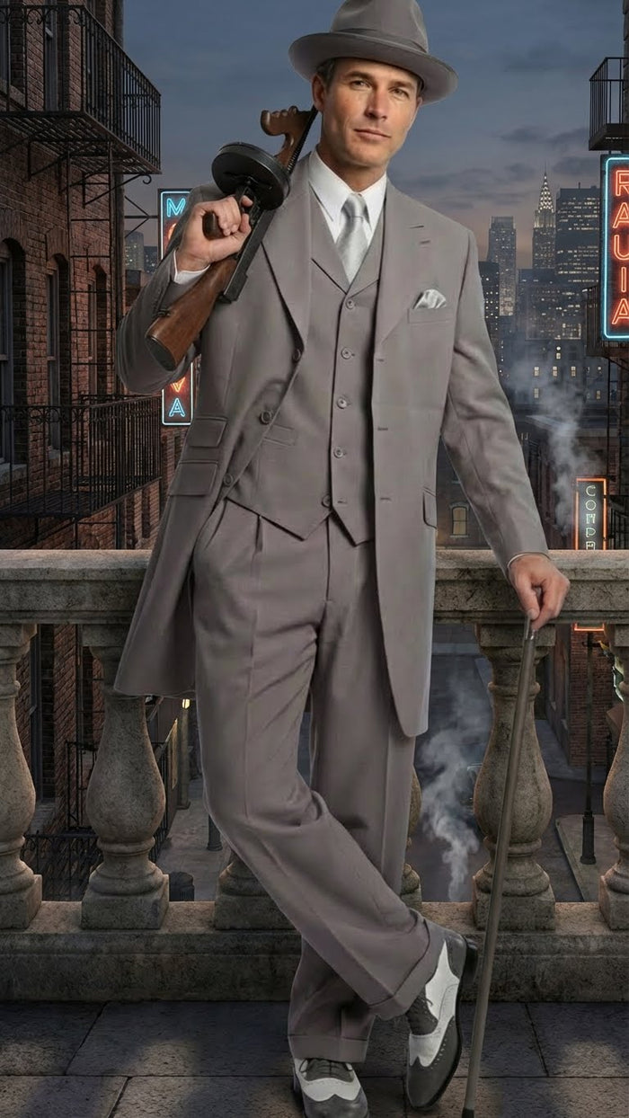 Men’s Gray Zoot Suit with Matching Hat and 1920s Shoes - Grey Vintage Wedding and Party Three Piece Suit by USA Men's Outlet