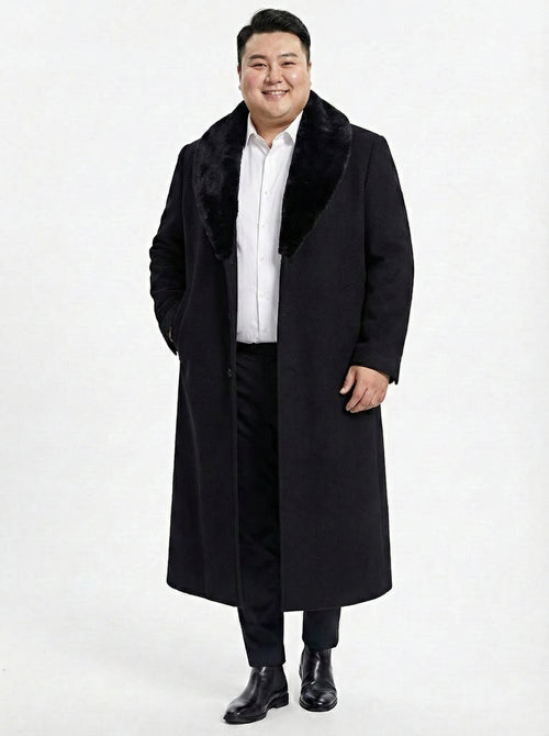 Men’s Black Long Overcoat with Faux Fur Collar, Full Length Winter Topcoat for Formal and Business Wear