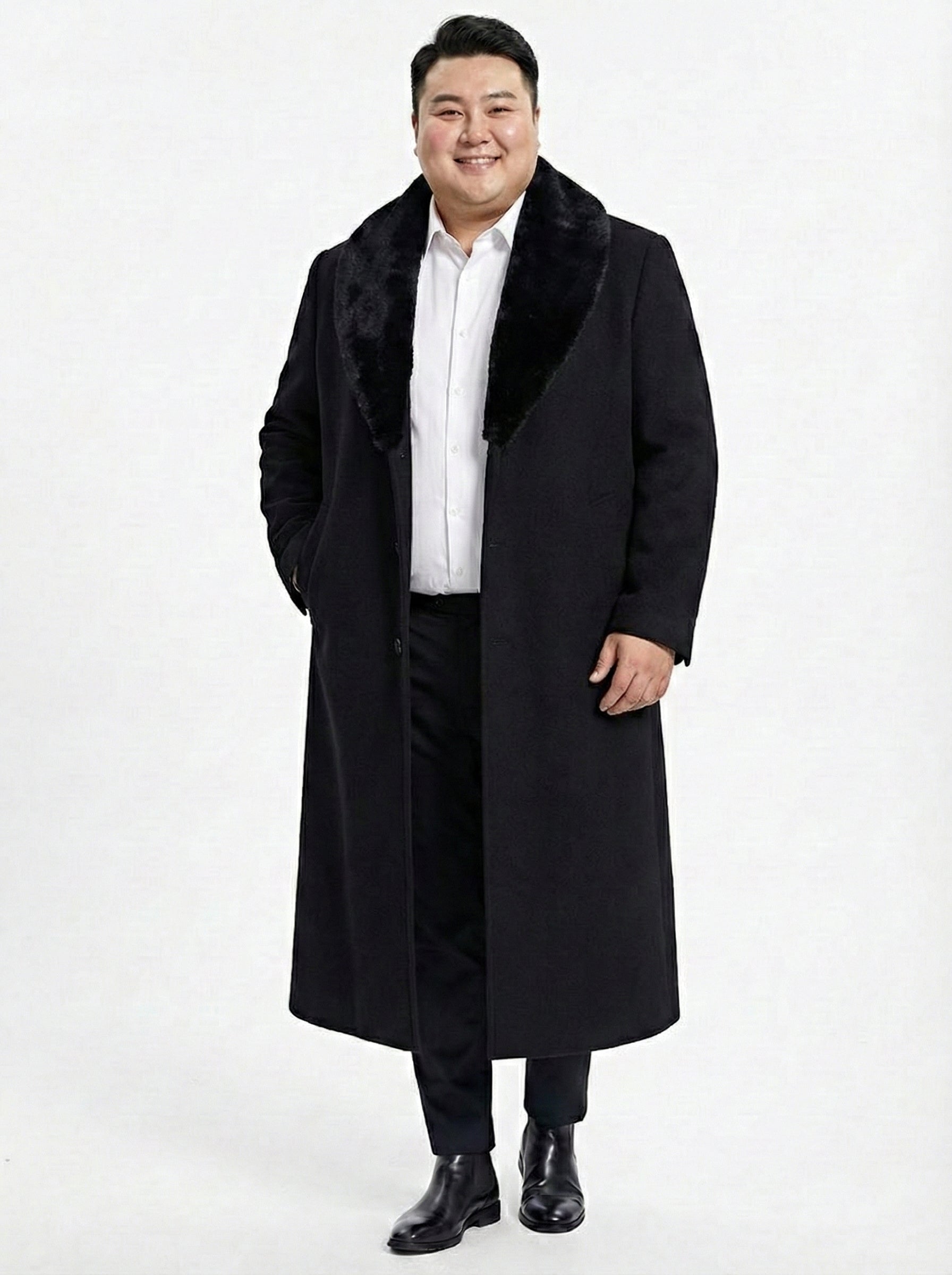 Men’s Black Long Overcoat with Faux Fur Collar, Full Length Winter Topcoat for Formal and Business Wear