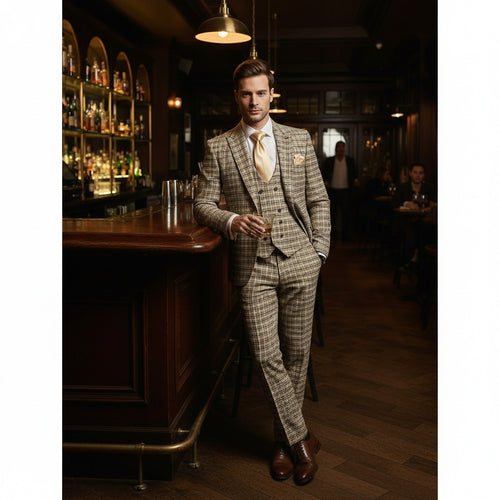 Men’s Beige and Navy Check 3-Piece Suit Set – Premium Tailored Fit Formal Wedding and Business Suit By Rossiman