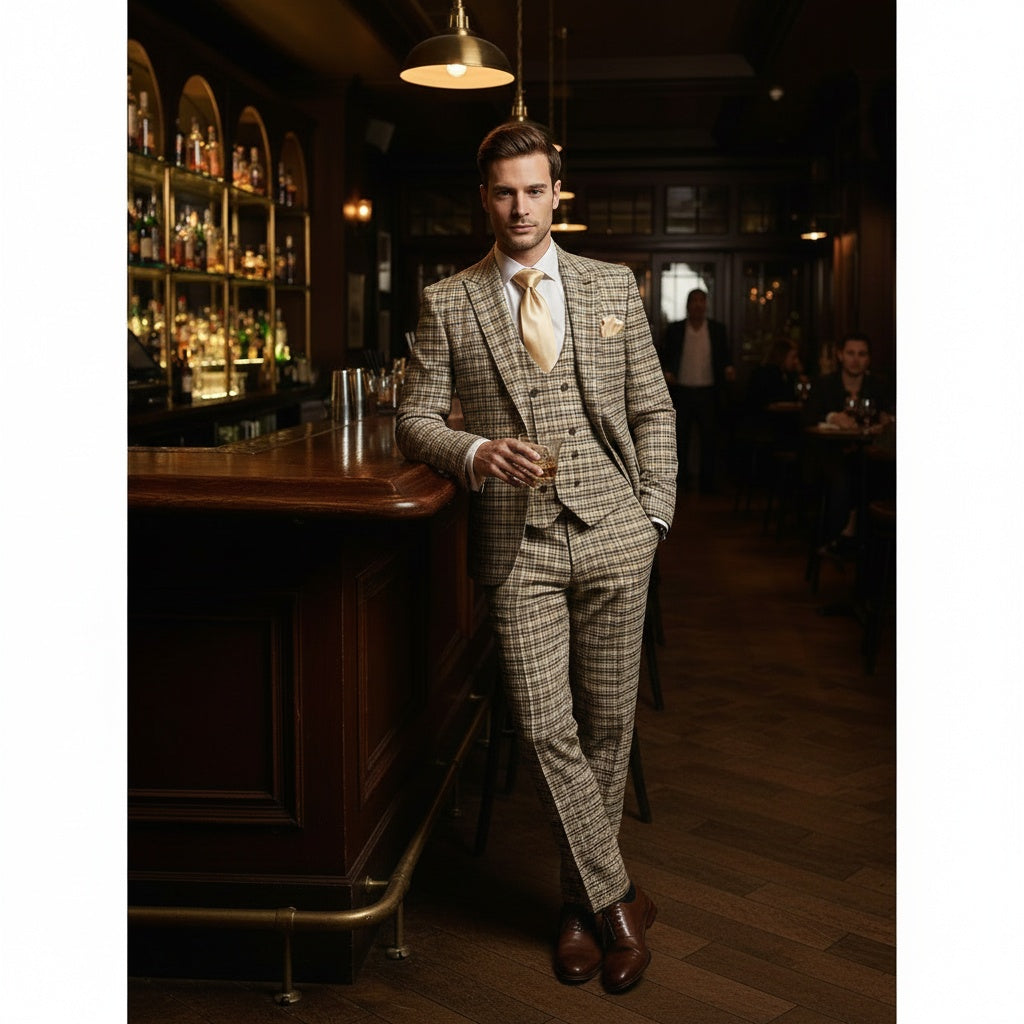 Men’s Beige and Navy Check 3-Piece Suit Set – Premium Tailored Fit Formal Wedding and Business Suit By Rossiman