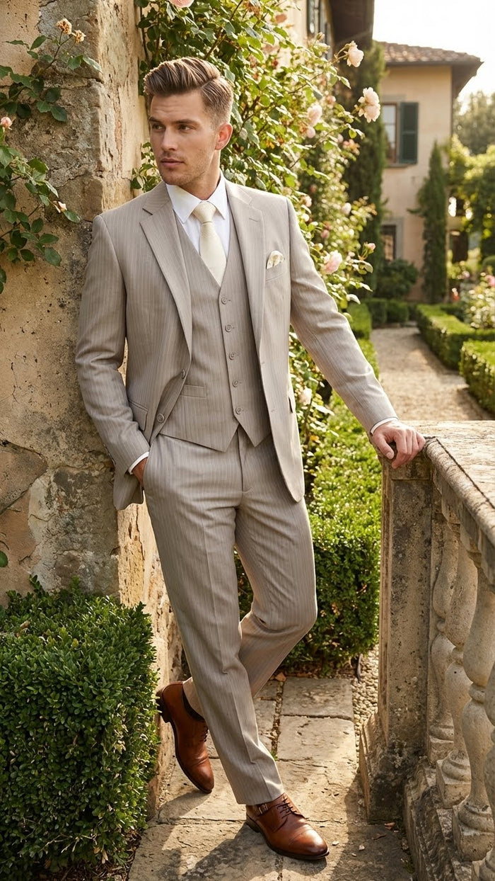 Men’s Light Tan Pinstripe 3 Piece Suit with Jacket, Vest, and Pants - Shadow Stripe Tone Tone Pleated Pants Classic by USA Men's Outlet