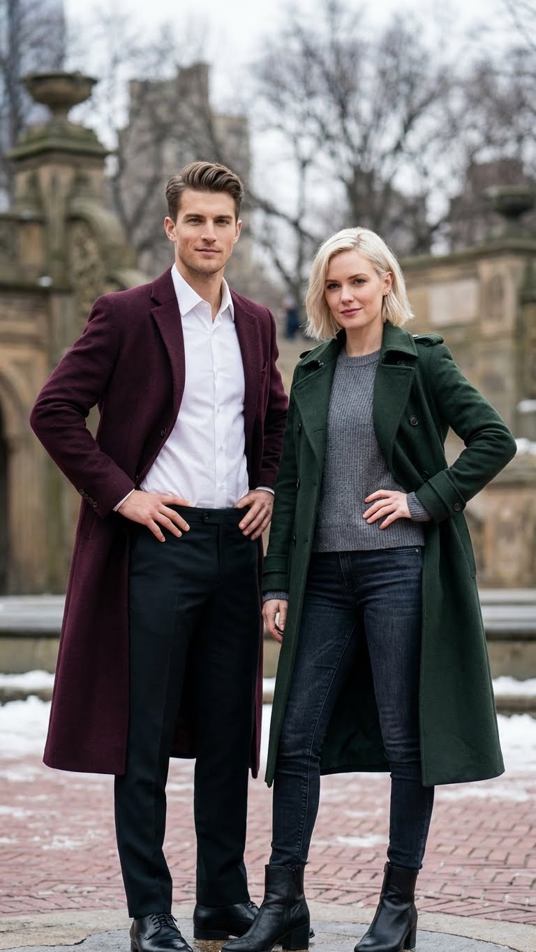 Men’s Burgundy Long Coat - Classic Fit Wool Blend Overcoat - Topcoat Full length USA Men's Outlet