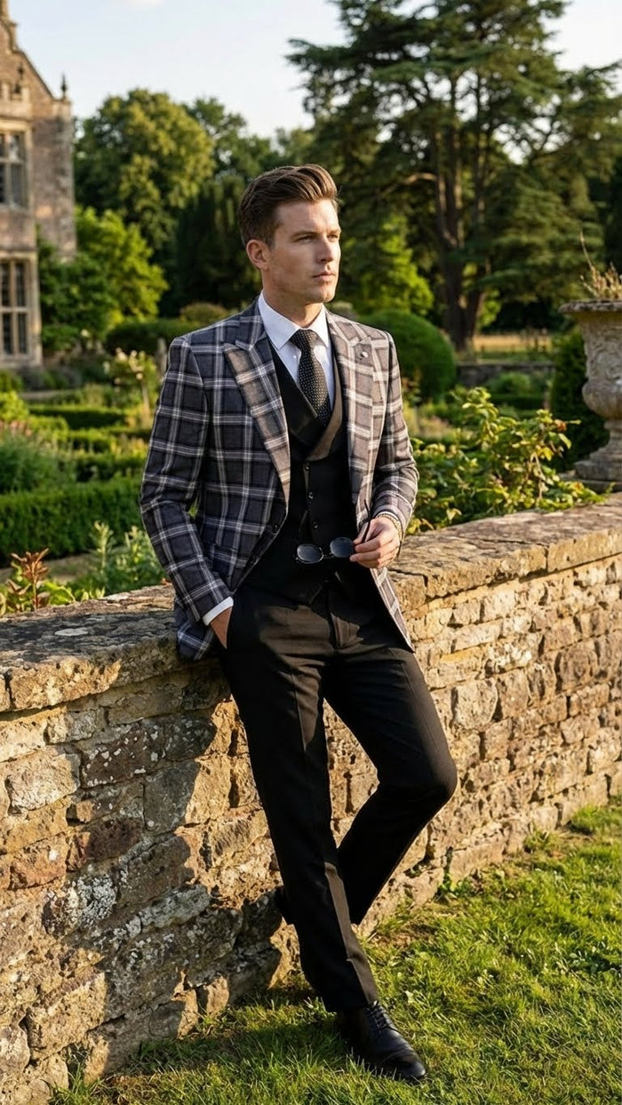 Men’s Big and Tall Charcoal Gray and Black Plaid Blazer - Grey Checker Windowpane Sport Coat by USA Men's Outlet