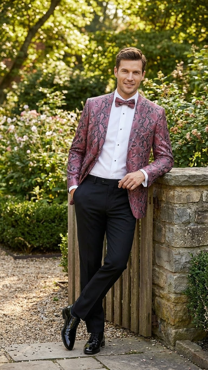 Men’s Burgundy and Black Snakeskin Print Blazer - Alligator Crocodile Sport Jacket Exotic Skin by USA Men's Outlet