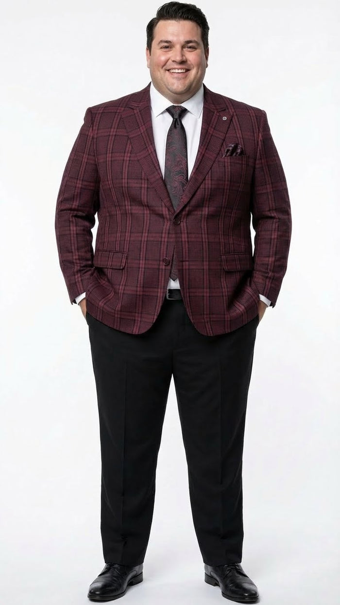 Men’s Burgundy Check Blazer - Windowpane Plaid blazer in Maroon Wine Color USA Men's Outlet