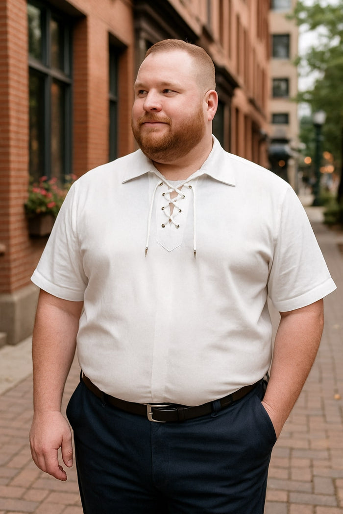 Men’s White Lace-Up Renaissance Shirt - Linen Fabric Short Sleeve Casual Pirate Peasant Top by USA Men's Outlet