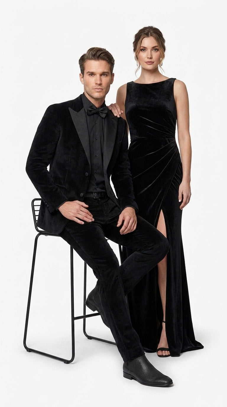 Men’s Black Velvet Tuxedo Suit – Peak Lapel Wedding, Prom and Formal Evening Velvet Pants