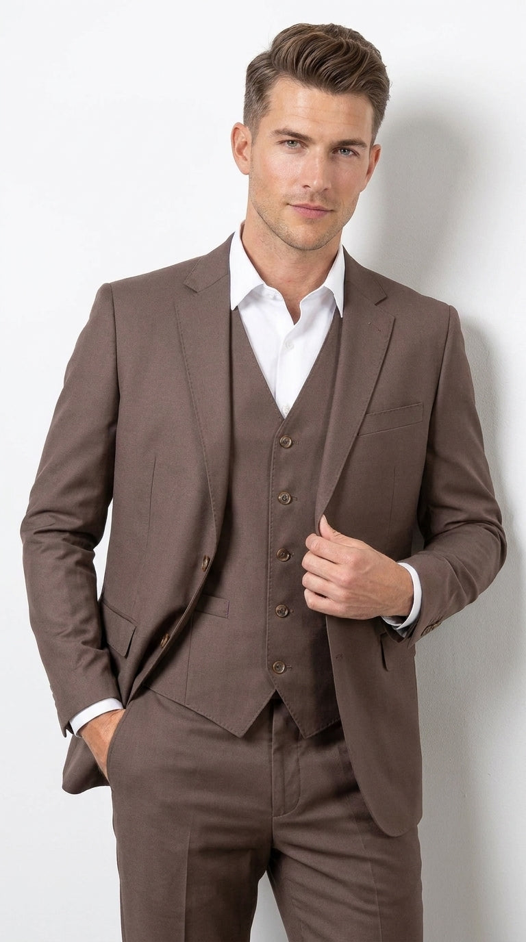 Men’s Zagarie Brand Light Brown Mocha 3-Piece Wool Suit – Modern Wedding, Business and Formal Suit with Pick Stitching