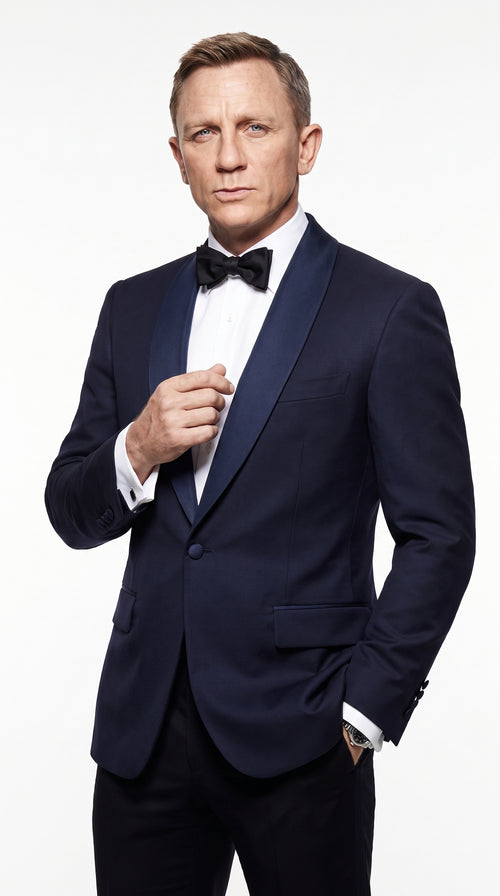 Men’s Navy James Bond Tuxedo Dinner Jacket – Satin Shawl Lapel Wedding, Prom and Black-Tie Blazer
