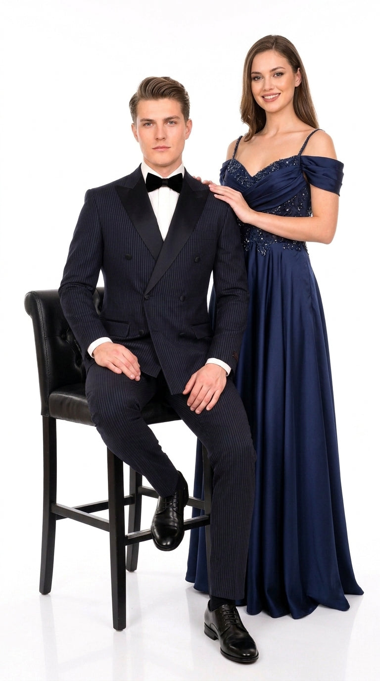 Men’s Navy Blue Double-Breasted Tuxedo – Tone-on-Tone Shadow Pinstripe Formal Wedding and Prom Suit